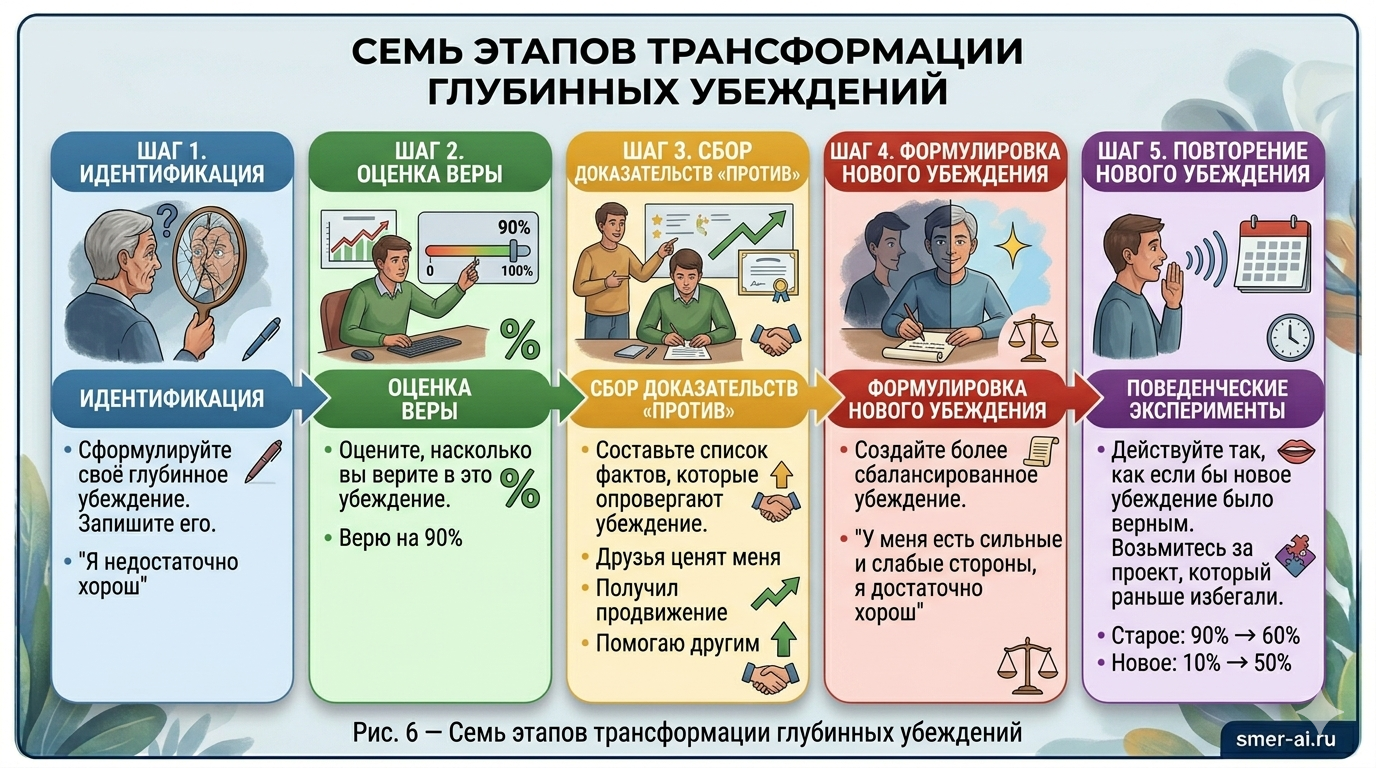 Семь этапов работы с глубинными убеждениями: идентификация, оценка веры, сбор доказательств, формулировка нового убеждения, повторение, поведенческие эксперименты, переоценка