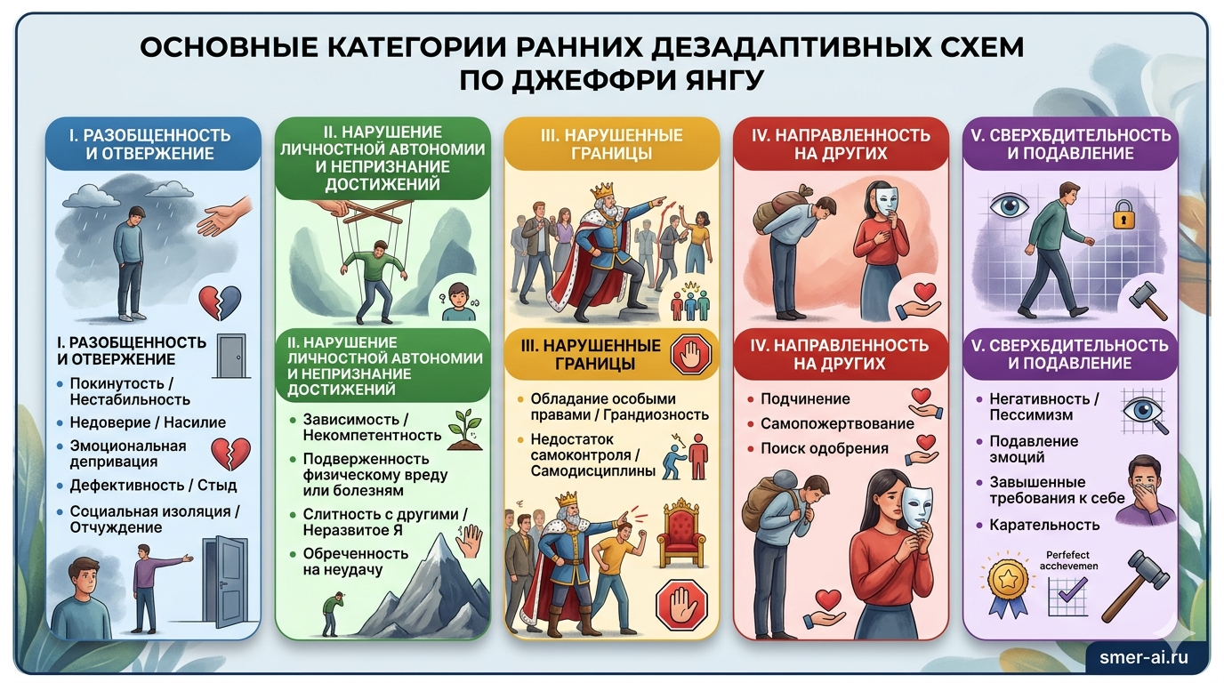 Ранние дезадаптивные схемы в схема-терапии: разрыв связей, нарушение автономии, нарушенные границы, направленность на других, сверхбдительность, дефектность