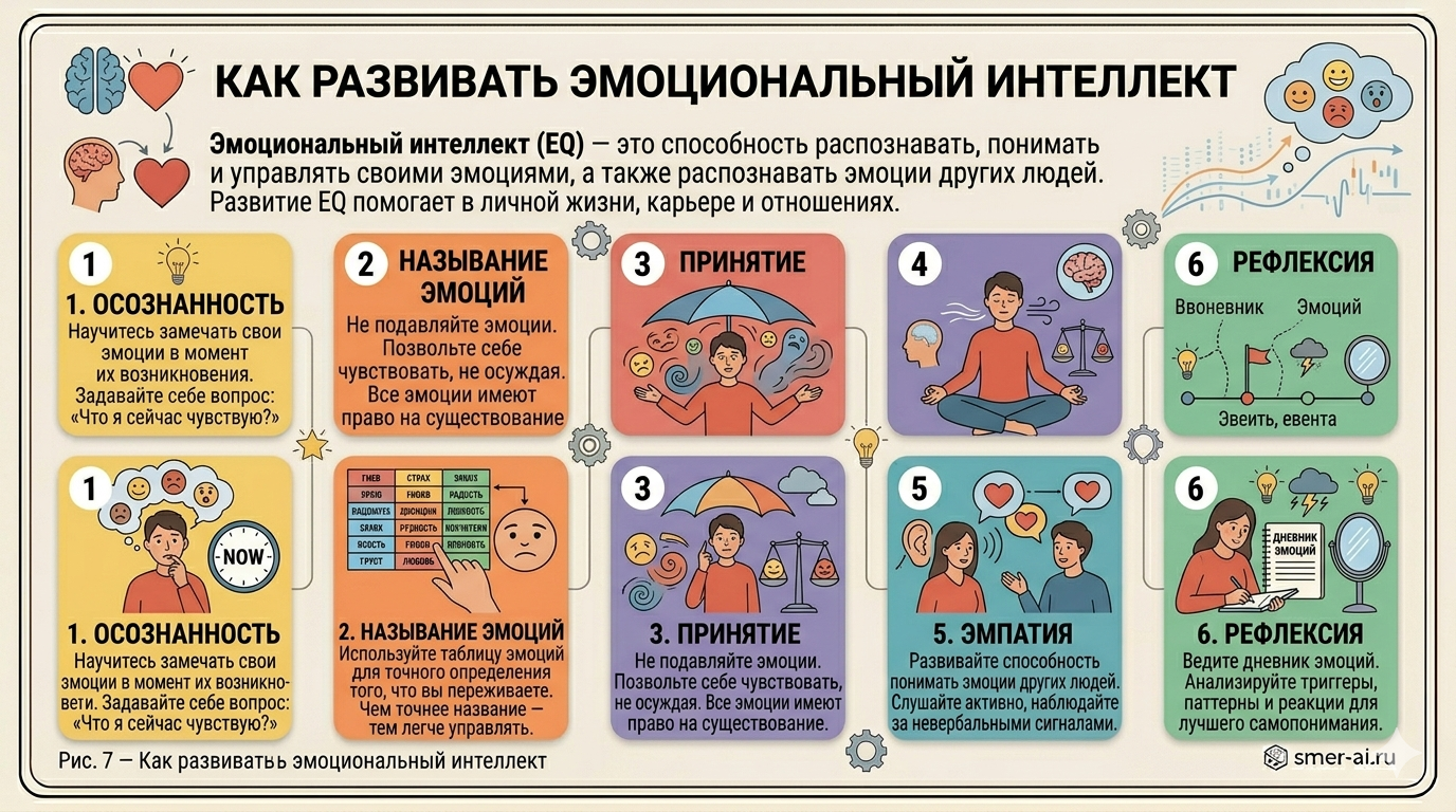 Развитие эмоционального интеллекта: осознанность, называние эмоций, принятие, регуляция, эмпатия, рефлексия