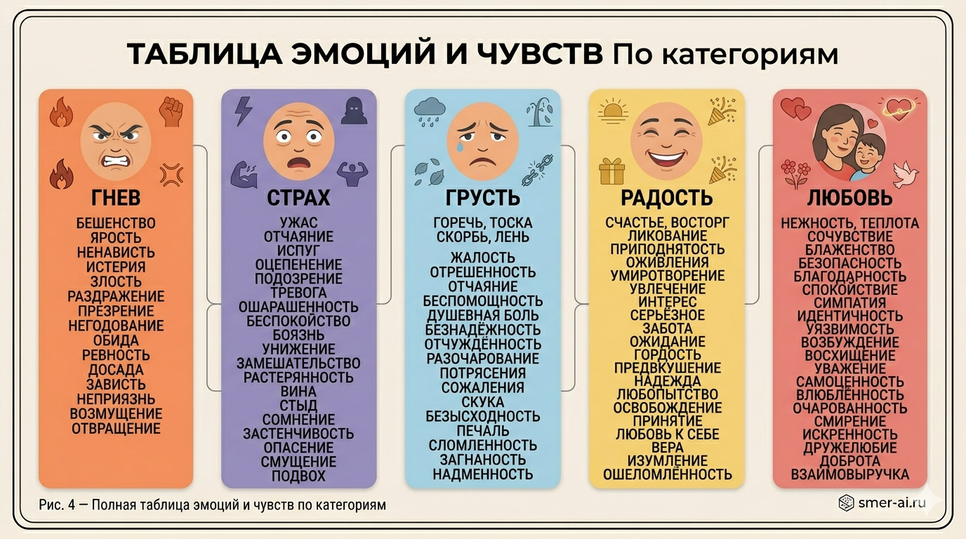 Полная таблица эмоций и чувств: гнев, страх, грусть, радость, любовь — классификация эмоциональных состояний