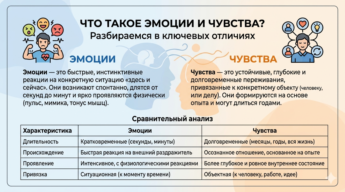 Схема различий между эмоциями и чувствами: эмоции кратковременные и ситуативные, чувства долговременные и объектные