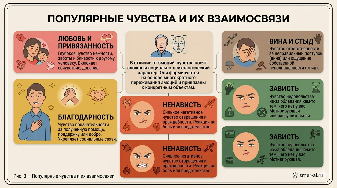 Популярные чувства человека: любовь, благодарность, вина, стыд, зависть, ненависть — схема взаимосвязей
