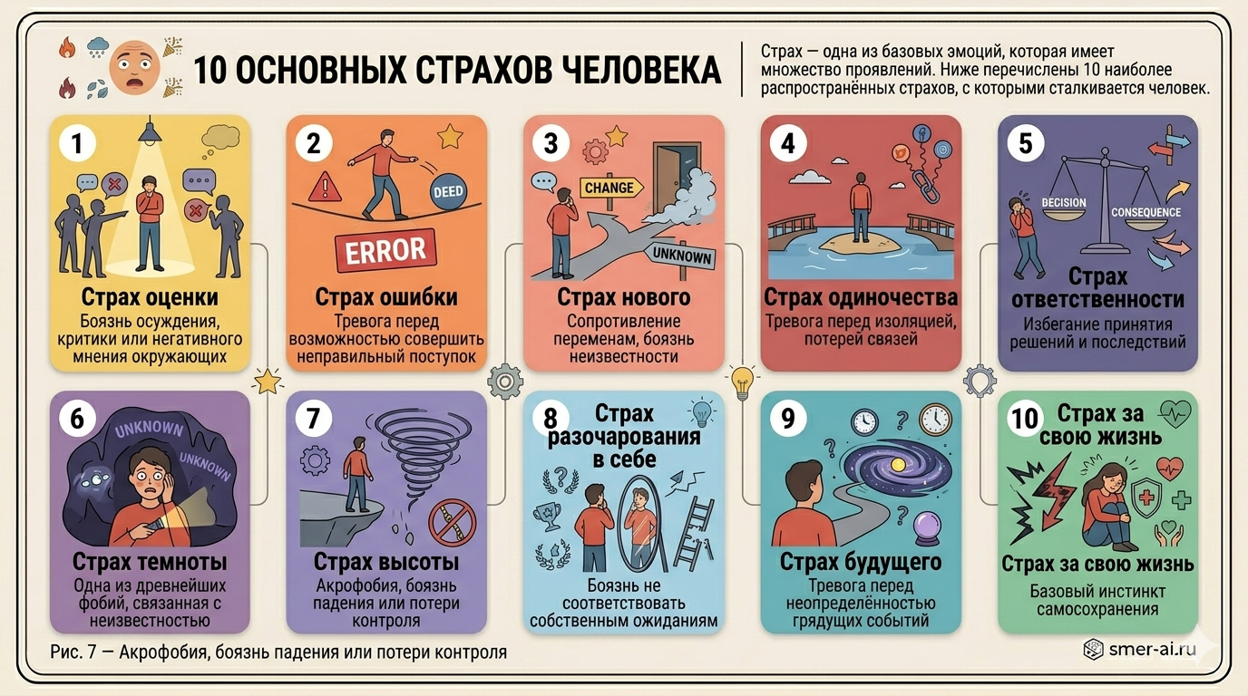 10 основных страхов человека: страх оценки, ошибки, нового, одиночества, ответственности, темноты, высоты, разочарования, будущего, за свою жизнь