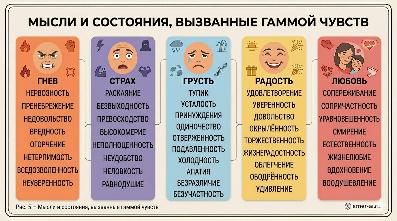 Таблица мыслей и состояний вызванных гаммой чувств: как эмоции влияют на мышление